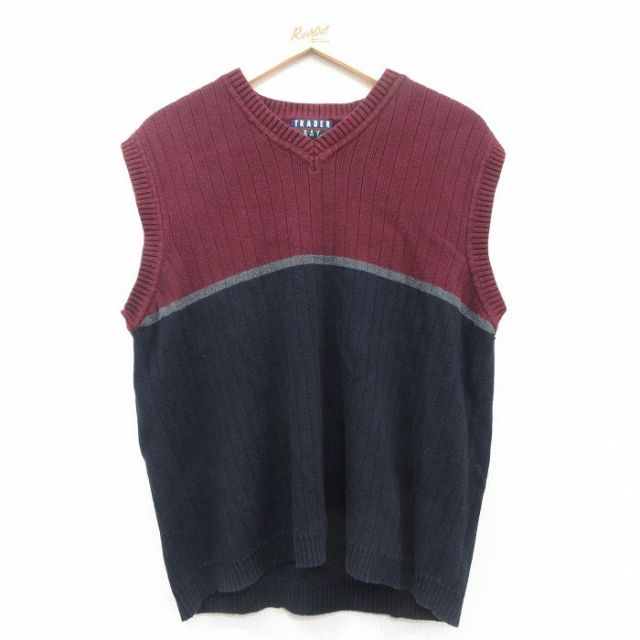 【20%OFF】L★古着 TRADER BAY ニット ベスト メンズ 90年代 90s コットン Vネック エンジ他 25sep29 中古 トップス
