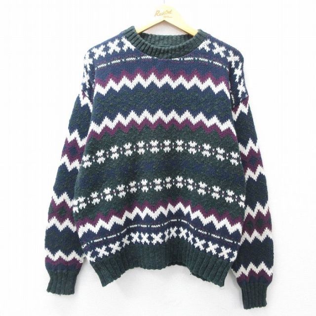 L★古着 長袖 セーター メンズ 90年代 90s コットン クルーネック USA製 緑他 グリーン 25sep29 中古 ニット トップス