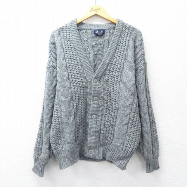 XL★古着 長袖 ケーブル ニット カーディガン メンズ 90年代 90s アクリル グレー 25sep29 中古 トップス