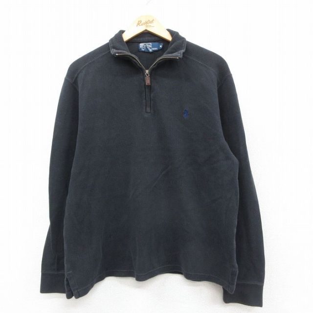 L★古着 ラルフローレン Ralph Lauren 長袖 ブランド ハーフジップ セーター メンズ 90年代 90s ワンポイントロゴ コットン 黒 ブラック 25sep30 中古 ニット トップス