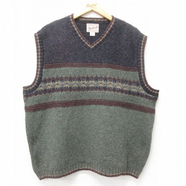 XL★古着 ウールリッチ WOOLRICH ニット ベスト メンズ 90年代 90s ウール Vネック USA製 緑系他 グリーン 25sep30 中古 トップス