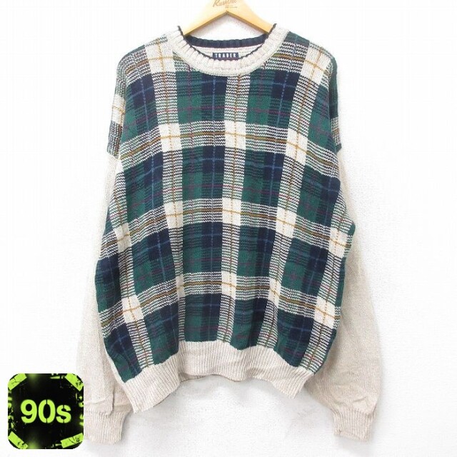 TRADER BAY 90s 長袖セーター チェック カーキ XL | 古着