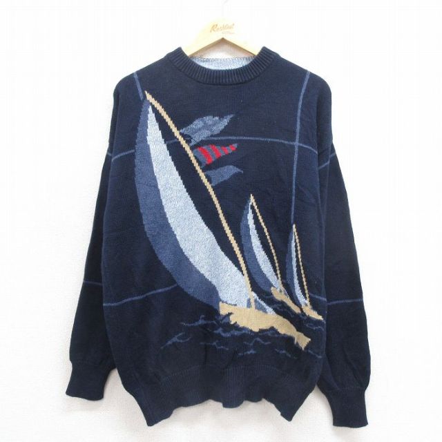 【20%OFF】L★古着 ノーティカ NAUTICA 長袖 ブランド セーター メンズ ヨット クルーネック 紺 ネイビー 25sep30 中古 ニット トップス