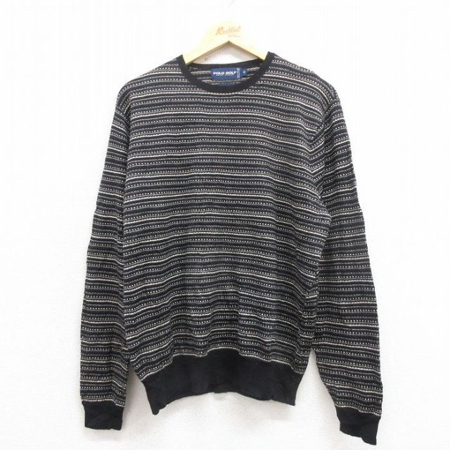【20%OFF】L★古着 ラルフローレン Ralph Lauren ポロゴルフ 長袖 ブランド セーター メンズ 90年代 90s メリノウール クルーネック 黒 ブラック ボーダー 【spe】 25sep30 中古 ニット トップス