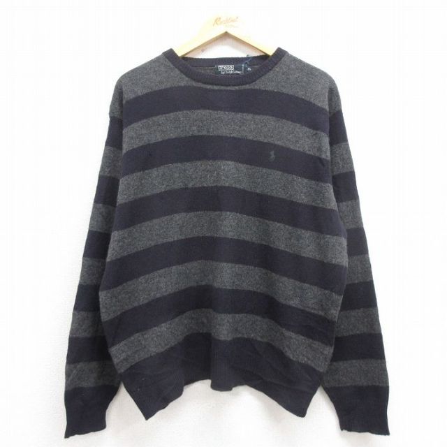 XL★古着 ラルフローレン Ralph Lauren 長袖 ブランド セーター メンズ 90年代 90s ワンポイントロゴ ラムウール クルーネック 紺 ネイビー ボーダー 25sep30 中古 ニット トップス