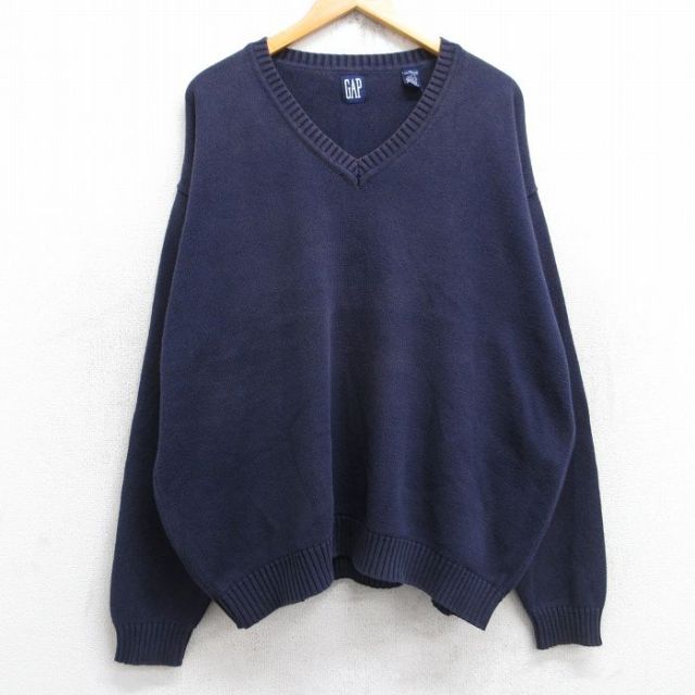 XL★古着 ギャップ GAP 長袖 セーター メンズ 90年代 90s 無地 大きいサイズ コットン Vネック 紺 ネイビー 【spe】 25sep30 中古 ニット トップス