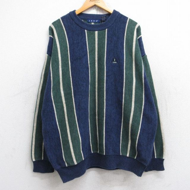 XL★古着 IZOD 長袖 セーター メンズ ワンポイントロゴ 大きいサイズ コットン クルーネック 紺他 ネイビー ストライプ 【spe】 25sep30 中古 ニット トップス