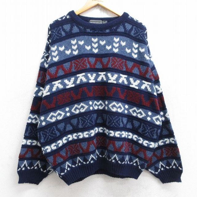 XL★古着 長袖 セーター メンズ 90年代 90s 総柄 大きいサイズ アクリル クルーネック USA製 紺他 ネイビー 【spe】 25sep30 中古 ニット トップス
