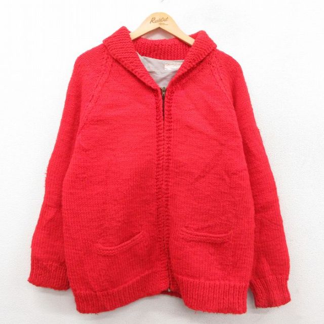 L★古着 長袖 フルジップ カウチンセーター メンズ 70年代 70s 無地 手織り ハンドメイド ラグラン ショールカラー 赤 レッド 25sep30 中古 ニット トップス