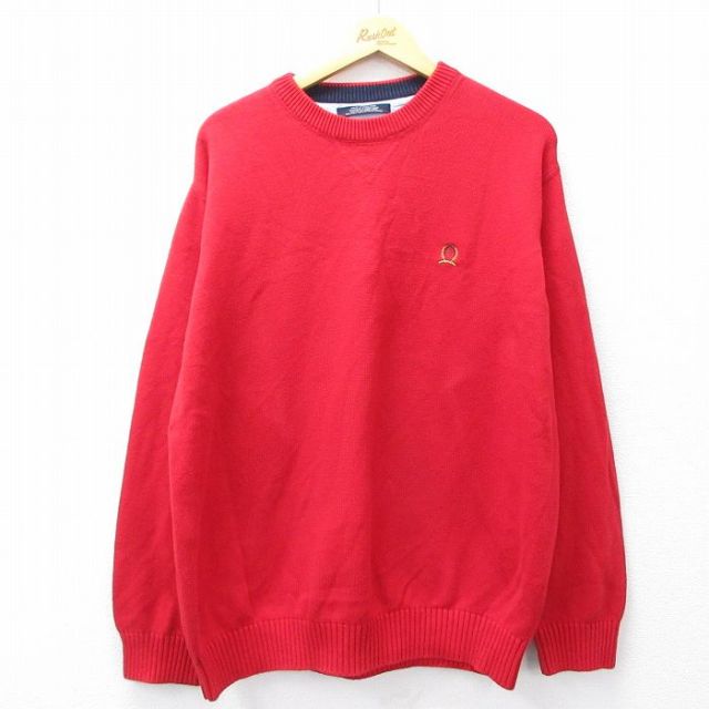 XL★古着 トミーヒルフィガー TOMMY HILFIGER 長袖 ブランド セーター メンズ ワンポイントロゴ コットン クルーネック 赤 レッド 25oct01 中古 ニット トップス