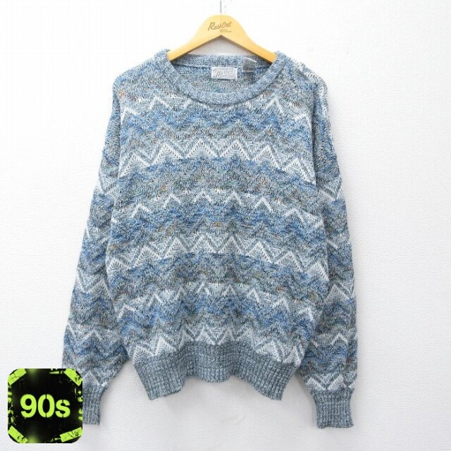 【50%OFF】90s 長袖セーター 総柄 ネイビー XL | 古着