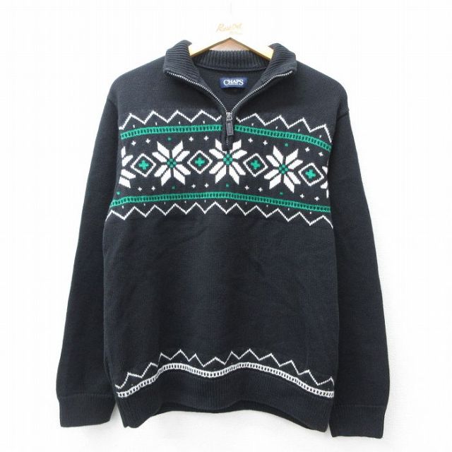 L★古着 チャップス 長袖 ハーフジップ ノルディック セーター メンズ 雪f柄 コットン 黒他 ブラック 25oct01 中古 ニット トップス