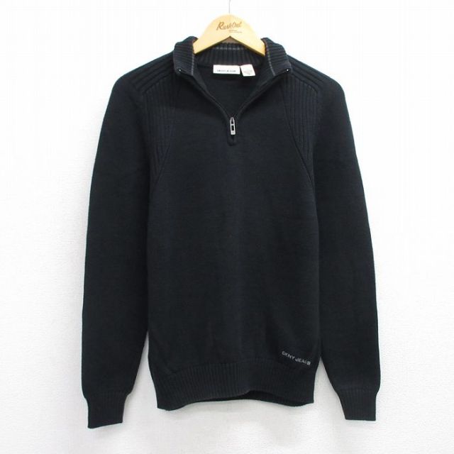 S★古着 ダナキャラン DKNY 長袖 ハーフジップ セーター メンズ ワンポイントロゴ ラグラン コットン 黒 ブラック 25oct01 中古 ニット トップス