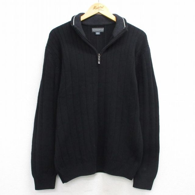 L★古着 長袖 ハーフジップ セーター メンズ 無地 黒 ブラック 25oct01 中古 ニット トップス