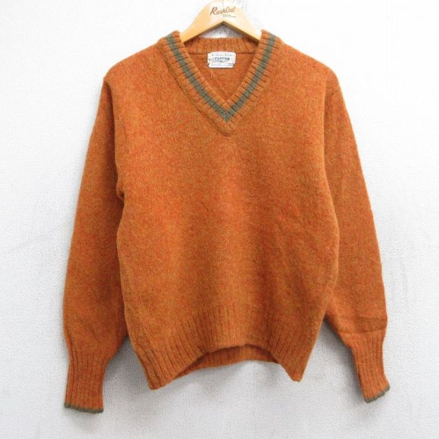 S★古着 ピューリタン 長袖 セーター メンズ 70年代 70s 無地 ウール Vネック オレンジ 25oct01 中古 ニット トップス