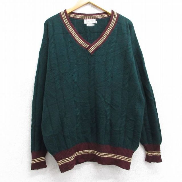 XL★古着 長袖 チルデン ケーブル セーター メンズ 80年代 80s 手織り カシミヤ カシミア Vネック スコットランド製 緑 グリーン 25oct01 中古 ニット トップス