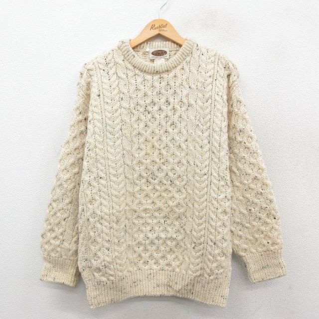 M★古着 長袖 アラン フィッシャーマン ケーブル セーター メンズ 90年代 90s 手編み ハンドニット ウール クルーネック アイルランド製 生成り 25oct01 中古 ニット トップス