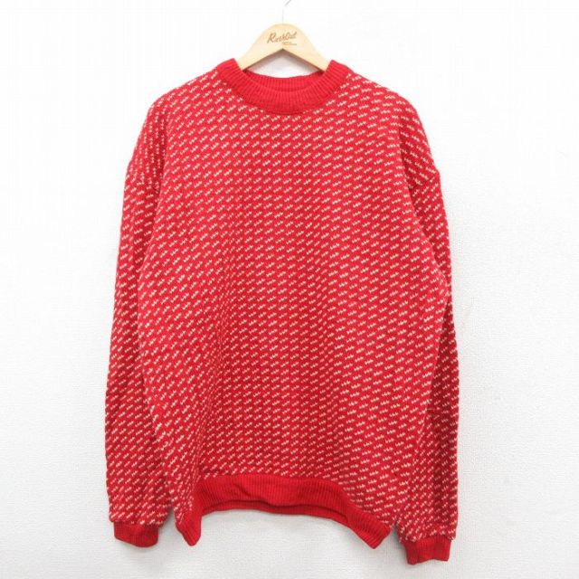 XL★古着 長袖 セーター メンズ バーズアイ ウール クルーネック 赤 レッド 25oct01 中古 ニット トップス