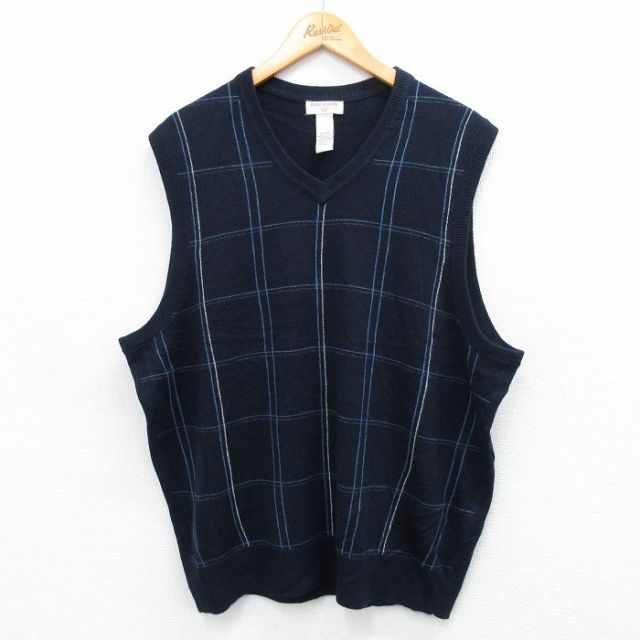 XL★古着 ドッカーズ ニット ベスト メンズ アクリル Vネック 紺他 ネイビー チェック 25oct01 中古 トップス