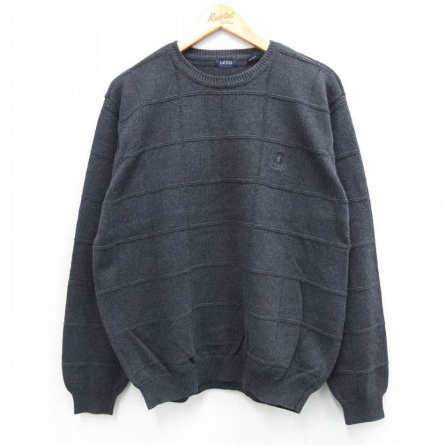 L★古着 IZOD 長袖 セーター メンズ コットン クルーネック 濃グレー 25oct01 中古 ニット トップス