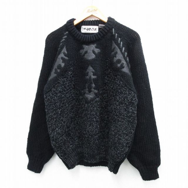 【50%OFF】00s ラグランセーター レザー使用 ブラック L | 古着