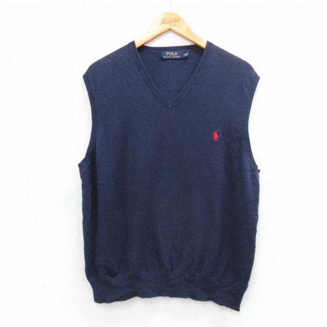 L★古着 ラルフローレン Ralph Lauren ブランド ニット ベスト メンズ ワンポイントロゴ コットン Vネック 紺 ネイビー 25oct03 中古 トップス