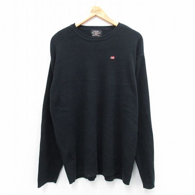 XL★古着 ラルフローレン Ralph Lauren ポロジーンズ 長袖 ブランド セーター メンズ ワンポイントロゴ 星条旗 クルーネック 黒 ブラック 25oct03 中古 ニット トップス