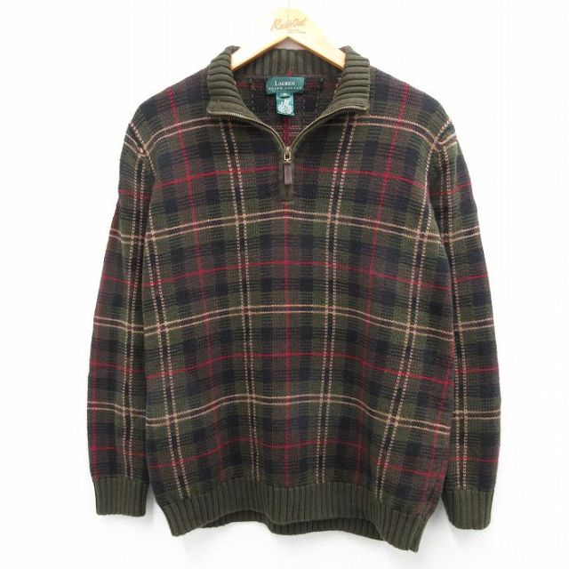 M★古着 ラルフローレン Ralph Lauren 長袖 ブランド ハーフジップ セーター メンズ コットン 緑他 グリーン チェック 25oct03 中古 ニット トップス
