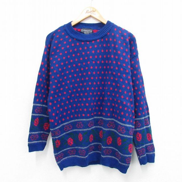 L★古着 長袖 セーター メンズ 90年代 90s 花アクリル クルーネック USA製 青他 ブルー 25oct03 中古 ニット トップス