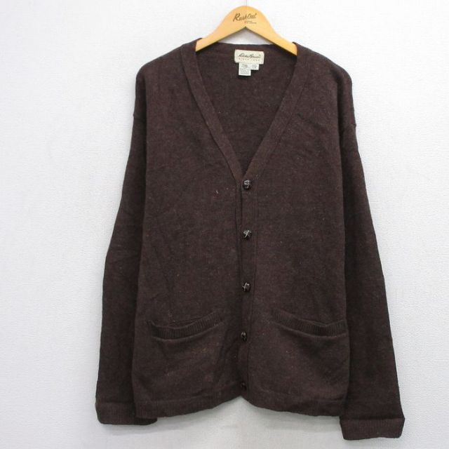 XL★古着 エディーバウアー 長袖 ニット カーディガン メンズ 90年代 90s ヒジ当て スエード使用 ウール USA製 濃茶 ブラウン 25oct03 中古 トップス