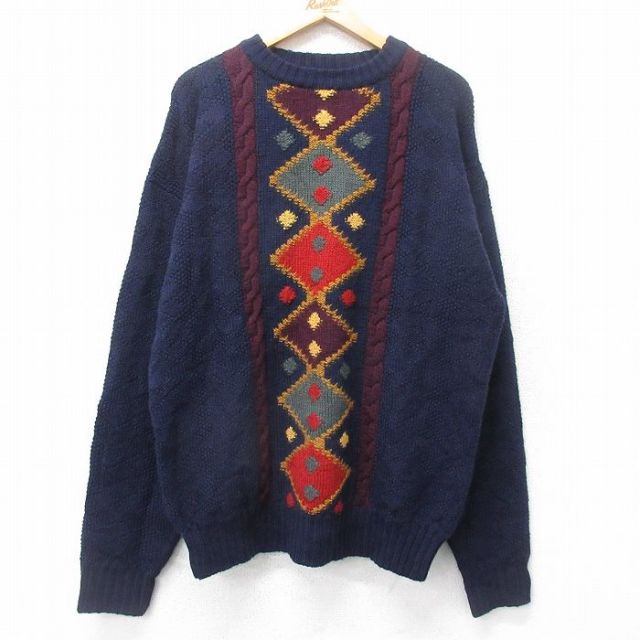 XL★古着 JOS A BANK 長袖 セーター メンズ 90年代 90s ウール クルーネック 紺他 ネイビー 25oct04 中古 ニット トップス