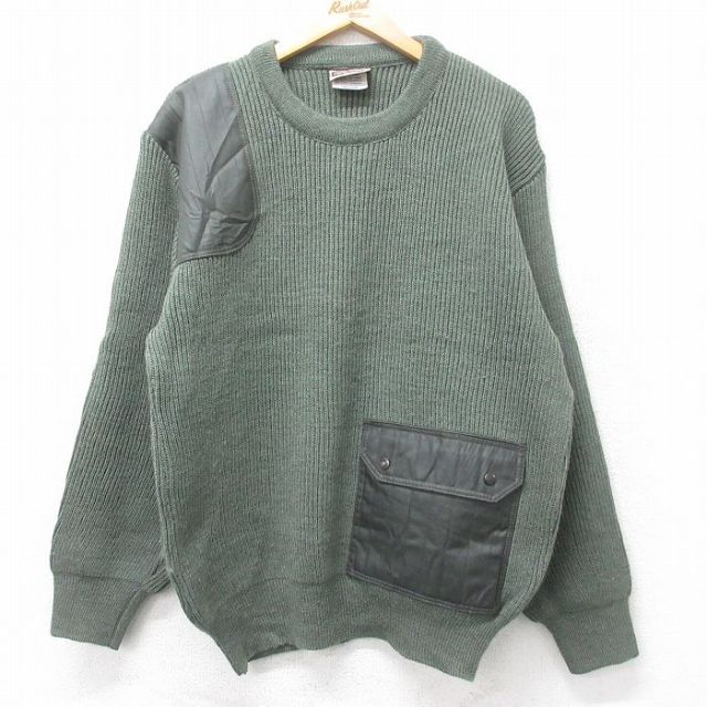 L★古着 長袖 セーター メンズ 90年代 90s ヒジ当て ウール クルーネック スコットランド製 緑 グリーン 25oct04 中古 ニット トップス