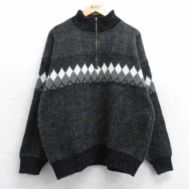 L★古着 長袖 ハーフジップ セーター メンズ 90年代 90s TEJIDOS RUMINAHUI ウール エクアドル製 黒他 ブラック 【spe】 25oct04 中古 ニット トップス