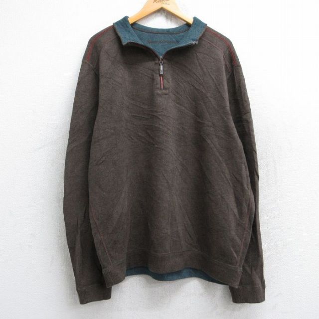 XL★古着 トミーバハマ 長袖 ハーフジップ セーター メンズ 魚 大きいサイズ 茶 ブラウン 25oct04 中古 ニット トップス