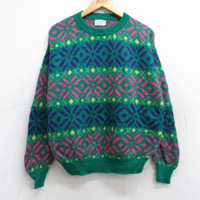 L★古着 ベネトン BENETTON 長袖 セーター メンズ 80年代 80s 雪柄 モヘア クルーネック イタリア製 緑他 グリーン 25oct04 中古 ニット トップス