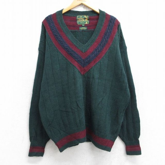 XL★古着 長袖 チルデン セーター メンズ 00年代 00s 大きいサイズ Vネック 緑 グリーン 25oct04 中古 ニット トップス