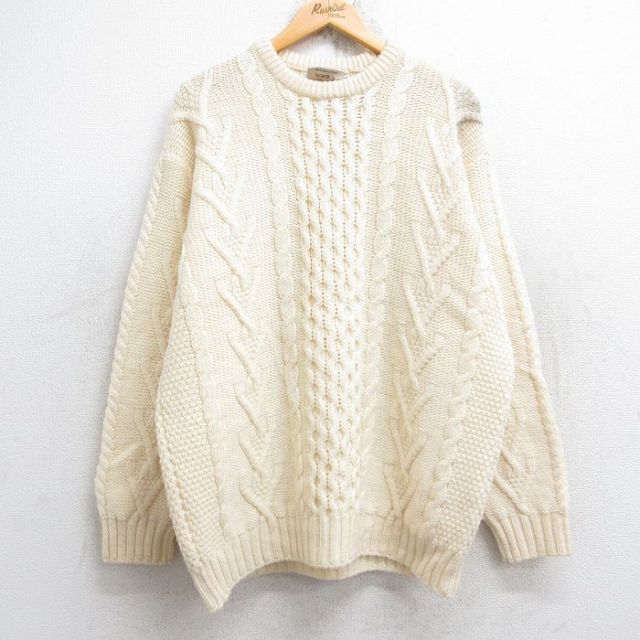 XL★古着 長袖 アラン フィッシャーマン ケーブル セーター メンズ メリノウール クルーネック 生成り 25oct04 中古 ニット トップス