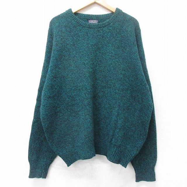 XL★古着 ランズエンド 長袖 セーター メンズ 90年代 90s 大きいサイズ ウール クルーネック USA製 緑他 グリーン 25oct04 中古 ニット トップス