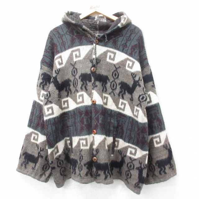 XL★古着 長袖 ニット カーディガン パーカー メンズ シカ 茶他 ブラウン 25oct04 中古 トップス