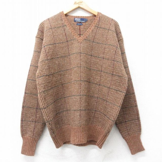 L★古着 ラルフローレン Ralph Lauren 長袖 ブランド セーター メンズ 90年代 90s ヒジ当て レザー使用 ウール Vネック 茶他 ブラウン チェック 【spe】 25oct04 中古 ニット トップス