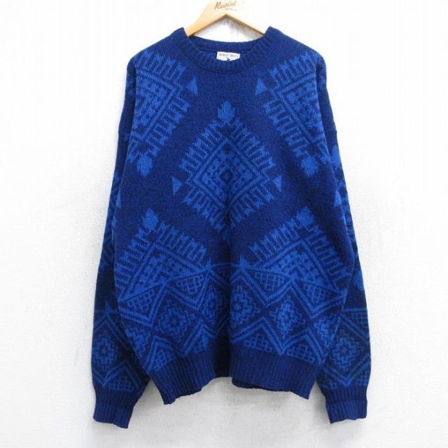 XL★古着 長袖 セーター メンズ 00年代 00s ネイティブ柄 ラグ柄 大きいサイズ クルーネック 紺他 ネイビー 25oct04 中古 ニット トップス