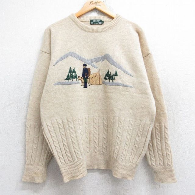 L★古着 長袖 セーター メンズ 90年代 90s 犬 テント ウール クルーネック ベージュ カーキ 25oct04 中古 ニット トップス