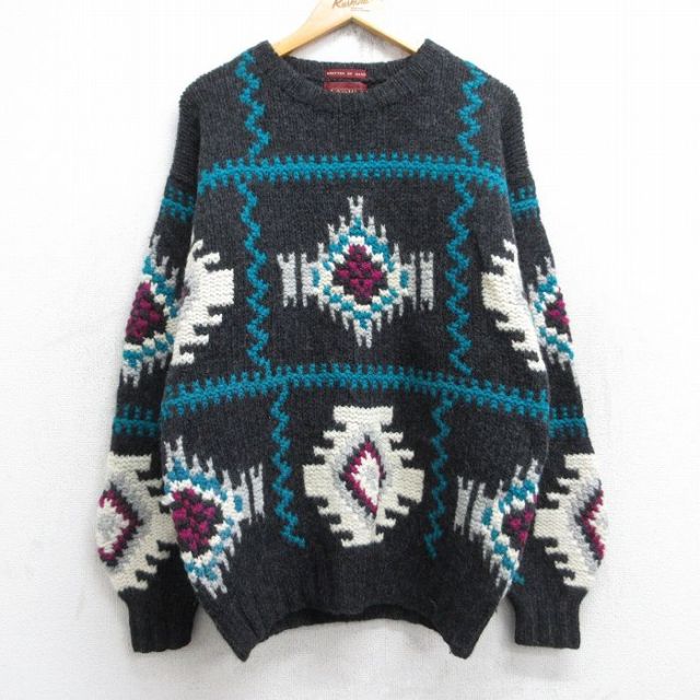 L★古着 長袖 セーター メンズ 00年代 00s ネイティブ柄 ラグ柄 手編み ハンドニット シェットランドウール クルーネック 濃グレー 【spe】 25oct04 中古 ニット トップス