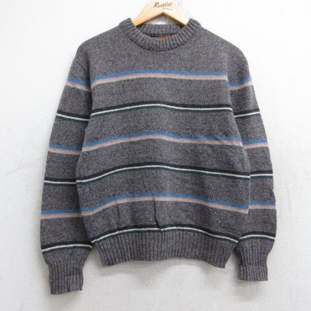 S★古着 長袖 セーター メンズ 80年代 80s ウール クルーネック USA製 グレー系 ボーダー 25oct04 中古 ニット トップス