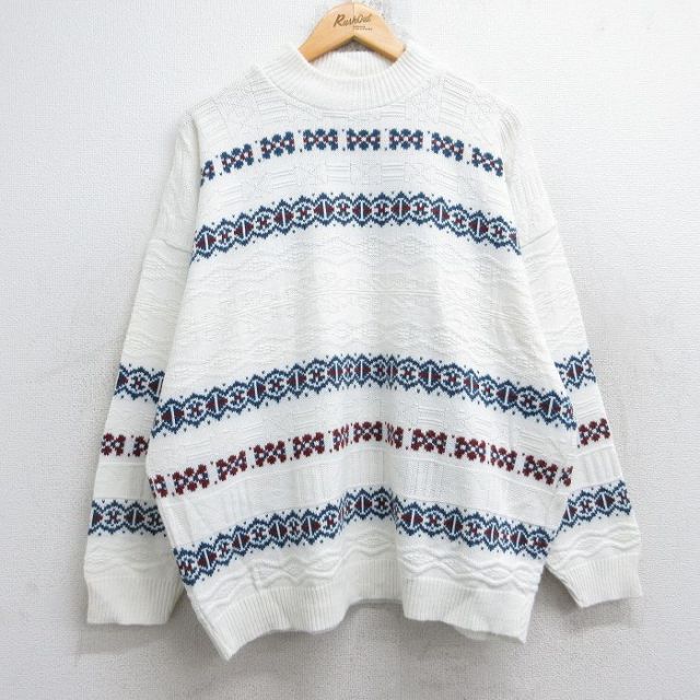 XL★古着 長袖 セーター メンズ 90年代 90s 大きいサイズ モックネック ハイネック USA製 白他 ホワイト 25oct04 中古 ニット トップス