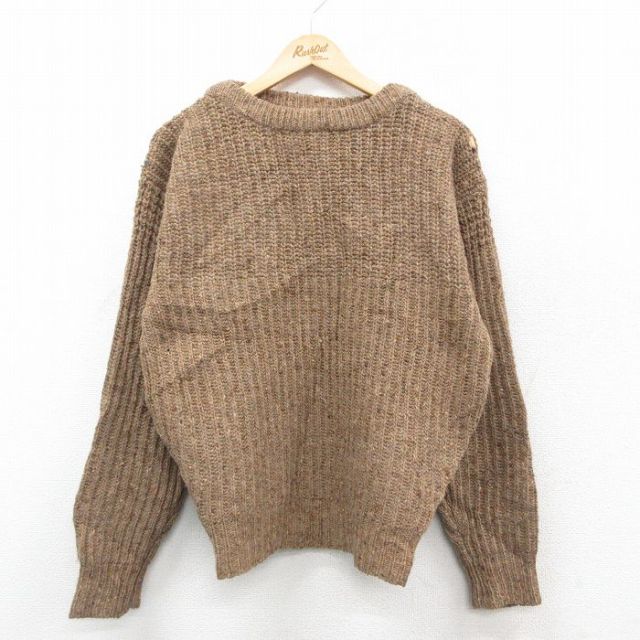 M★古着 カルバンクライン Calvin Klein 長袖 セーター メンズ 80年代 80s 無地 ウール クルーネック ベージュ カーキ 25oct06 中古 ニット トップス