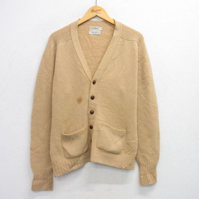 【20%OFF】L★古着 エルエルビーン LLBEAN 長袖 ニット カーディガン メンズ 80年代 80s ラムウール キャメルヘア ヒジ当て スエード使用 USA製 薄茶 ブラウン 25oct07 中古 トップス