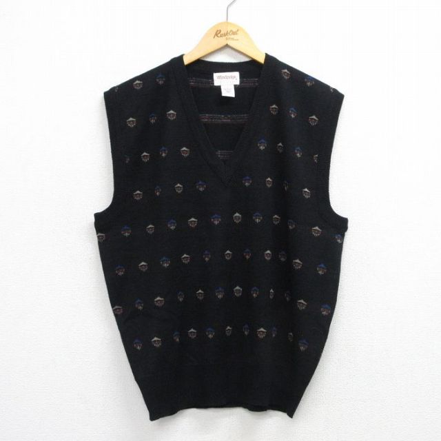 古着通販 L☆古着 ニット ベスト メンズ 総柄 Vネック 黒他