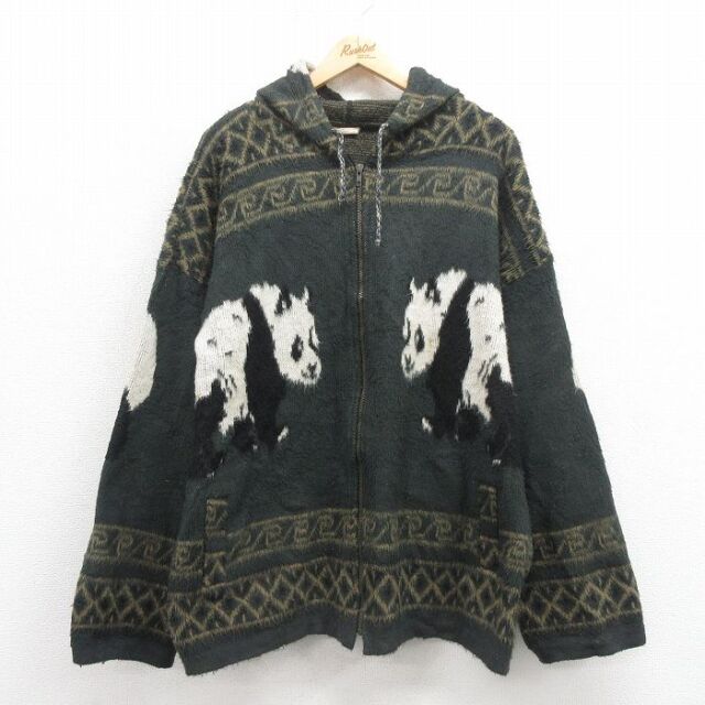 XL★古着 長袖 フルジップ ニット カーディガン パーカー メンズ 00年代 00s パンダ ウール エクアドル製 緑 グリーン 25oct08 中古 トップス