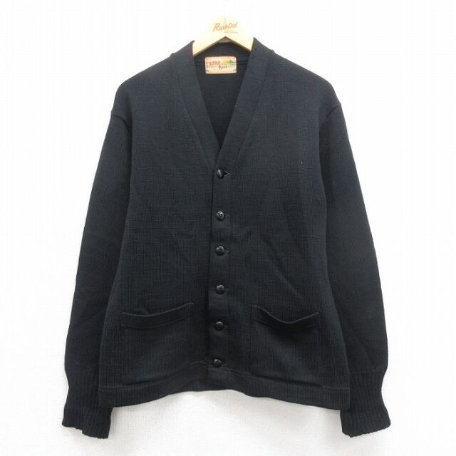 M★古着 長袖 ビンテージ レタード ニット カーディガン メンズ 60年代 60s ウール 黒 ブラック 【spe】 25oct08 中古 トップス